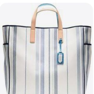 COACH LEGACY Striped White & Blue Tote Bag with Tan Handles